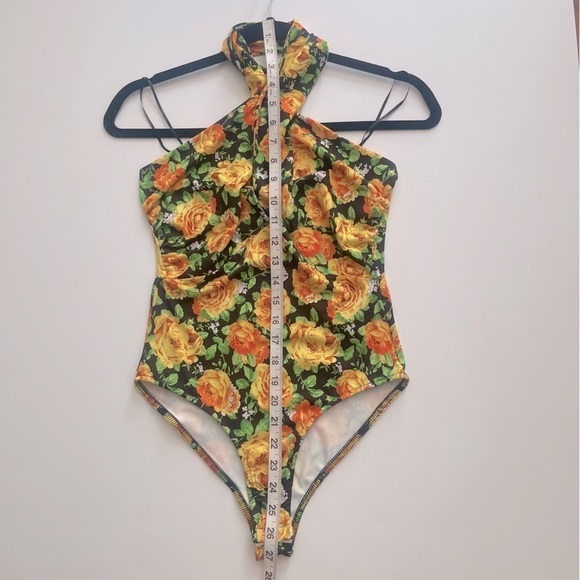 Zara Floral Halter Bodysuit Black Yellow Roses Size S - Picture 10 of 14